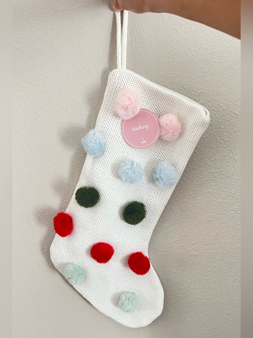 Target Bullseye White Christmas stocking with colorful pom poms⛄️